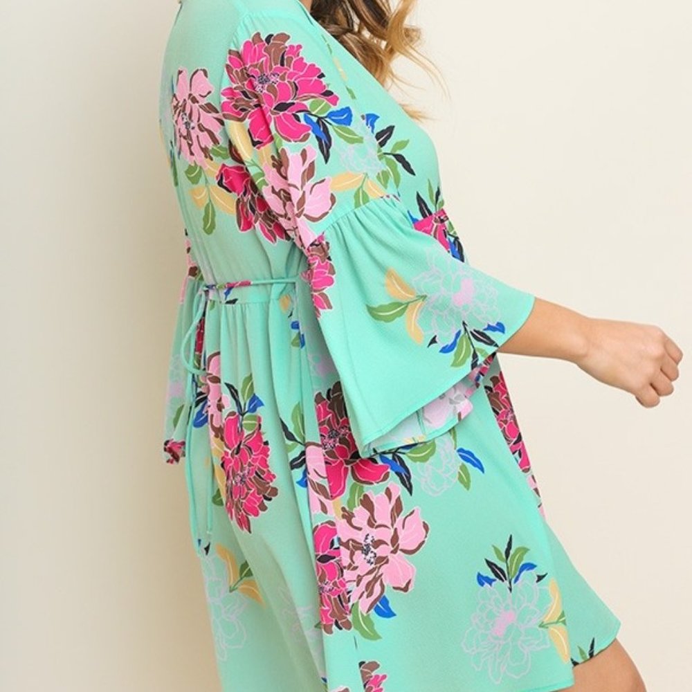 Umgee Plus Mint Floral Keyhole Back Babydoll Dress - Picture 3 of 6